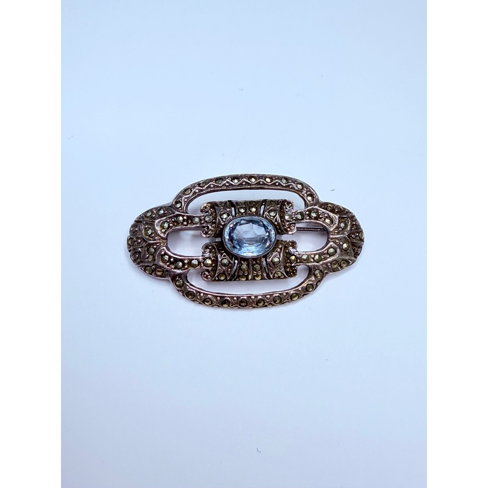 ANTIQUE ART DECO BLUE TOPAZ MARCASITE 925 STERLING brooch